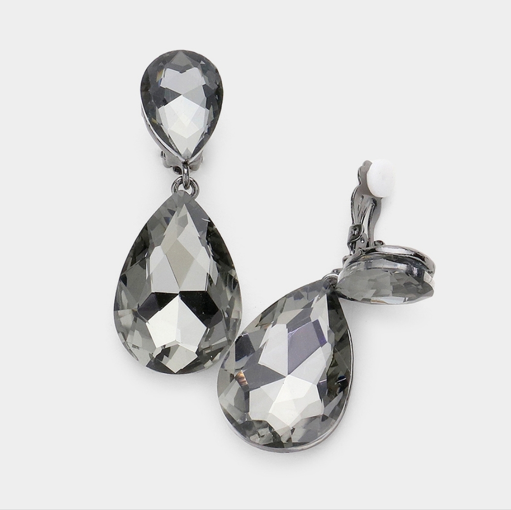 Black Dangle Crystal Clip On Earrings 2 Inches Double TearDrop ClipOns Jewelry